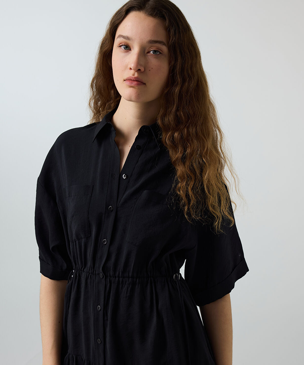 Zoomed Adjustable Cinch-Waist Shirt Dress