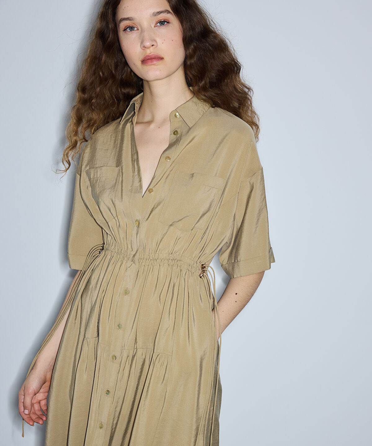Adjustable Cinch-Waist Shirt Dress