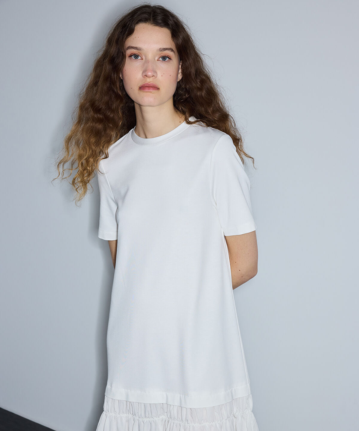 Zoomed Mixed-Media Ruffled Midi Dress
