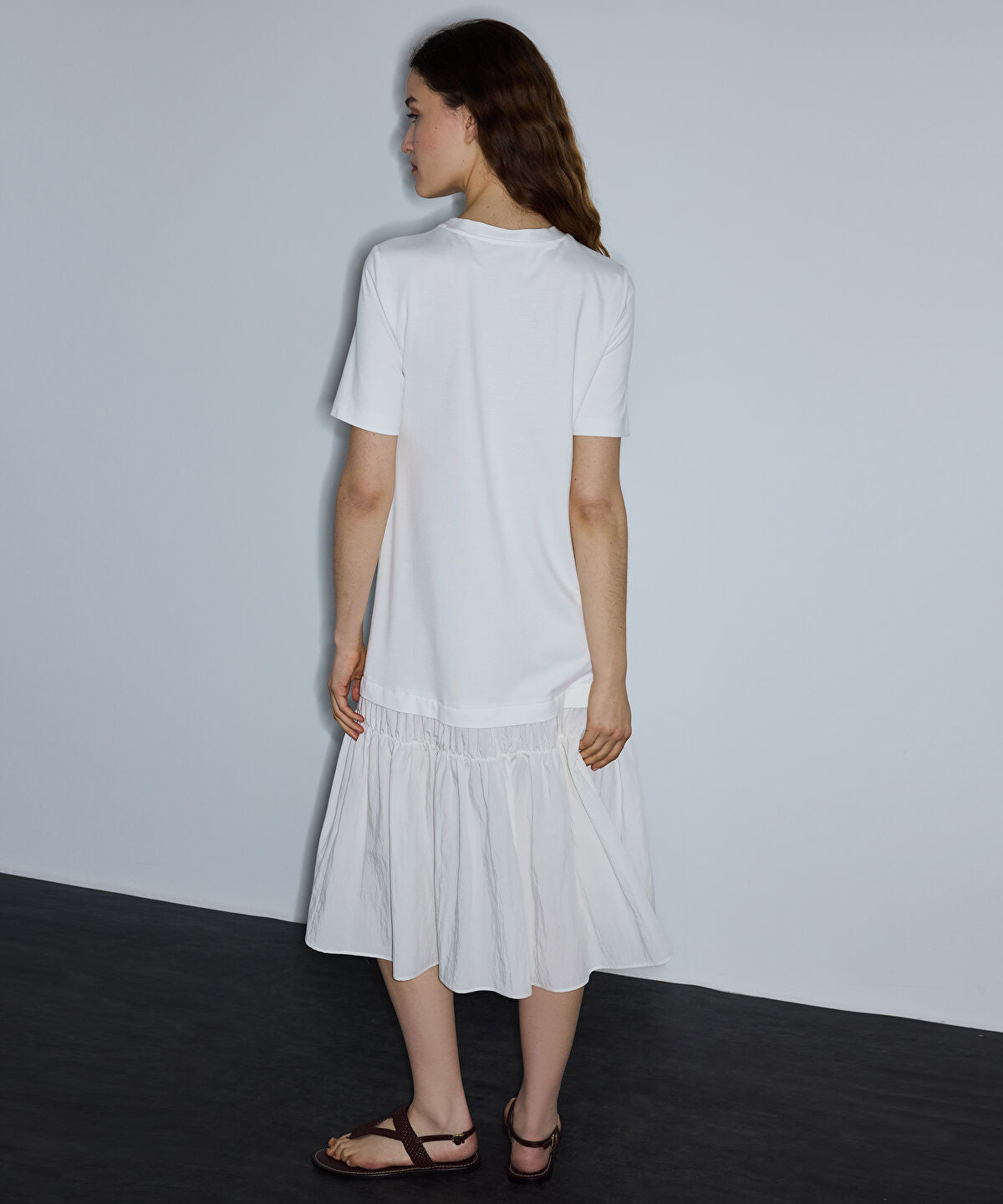 Zoomed Mixed-Media Ruffled Midi Dress