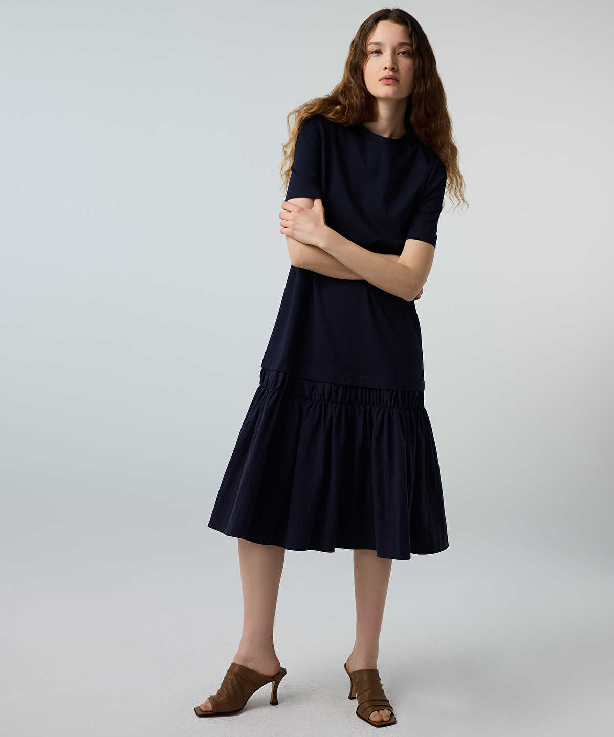Mixed-Media Ruffled Midi Dress