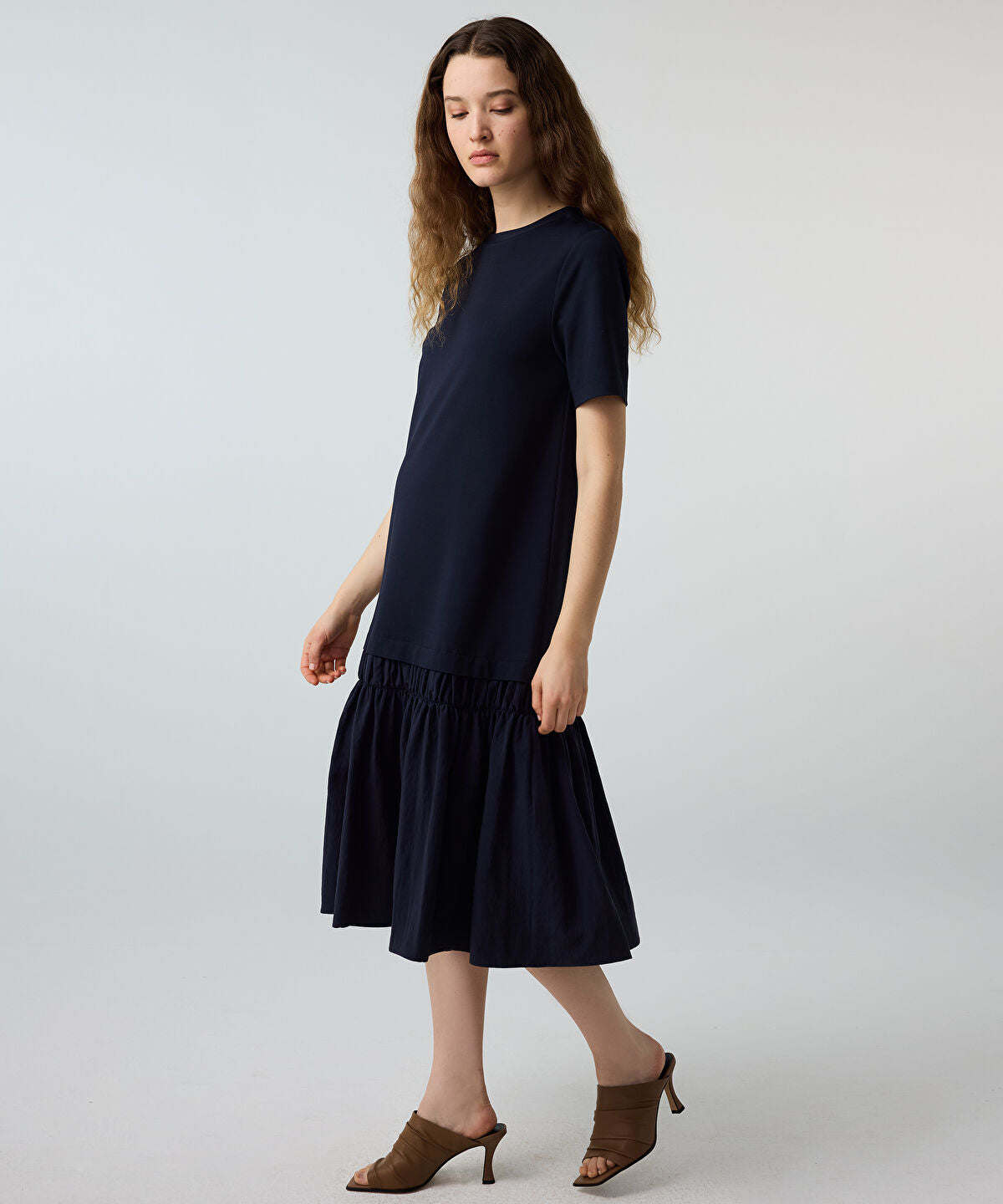 Zoomed Mixed-Media Ruffled Midi Dress