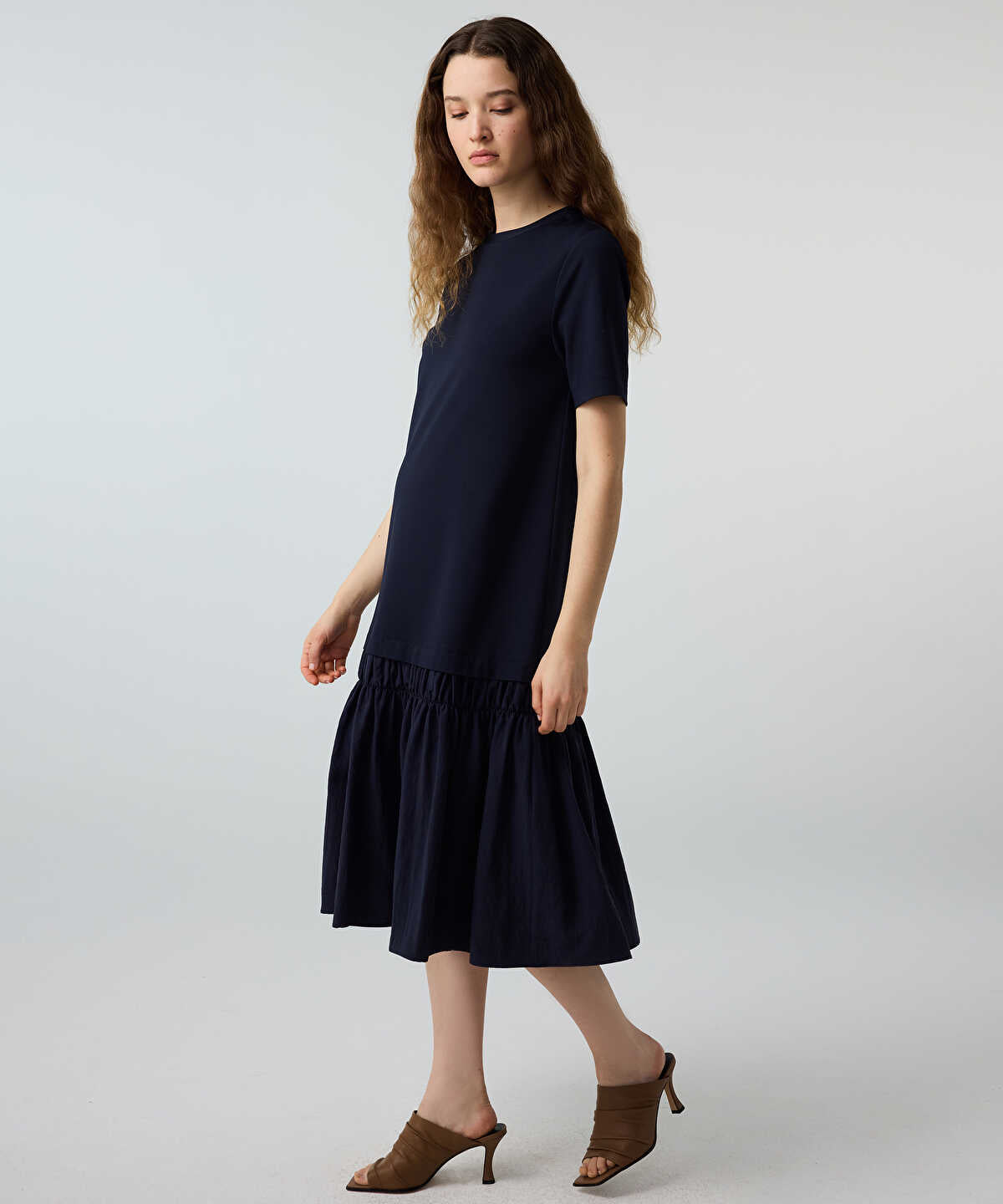 Mixed-Media Ruffled Midi Dress