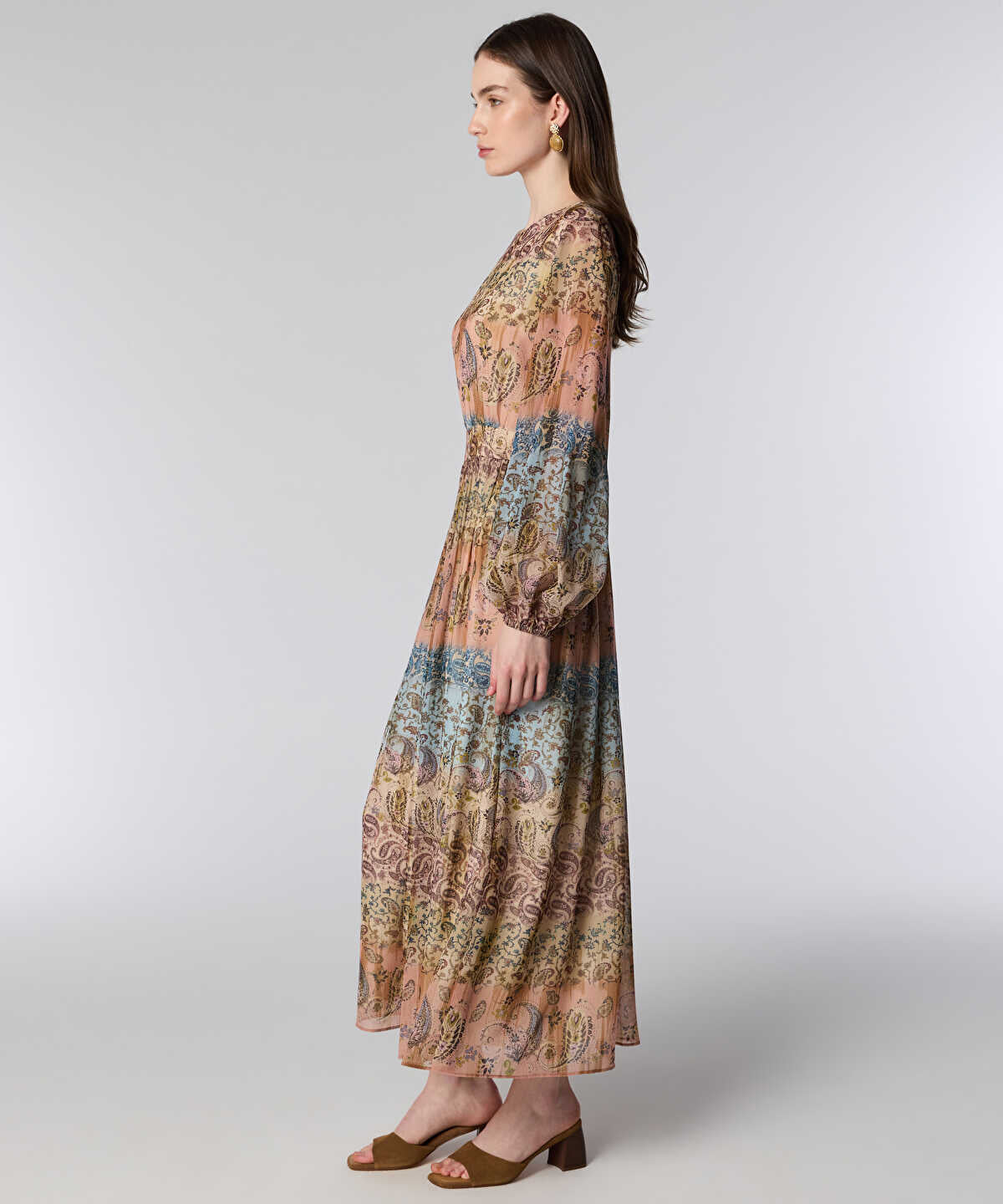 Balloon-Sleeve Printed Midi Dress