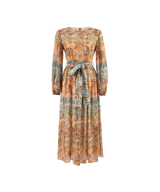 Balloon-Sleeve Printed Midi Dress