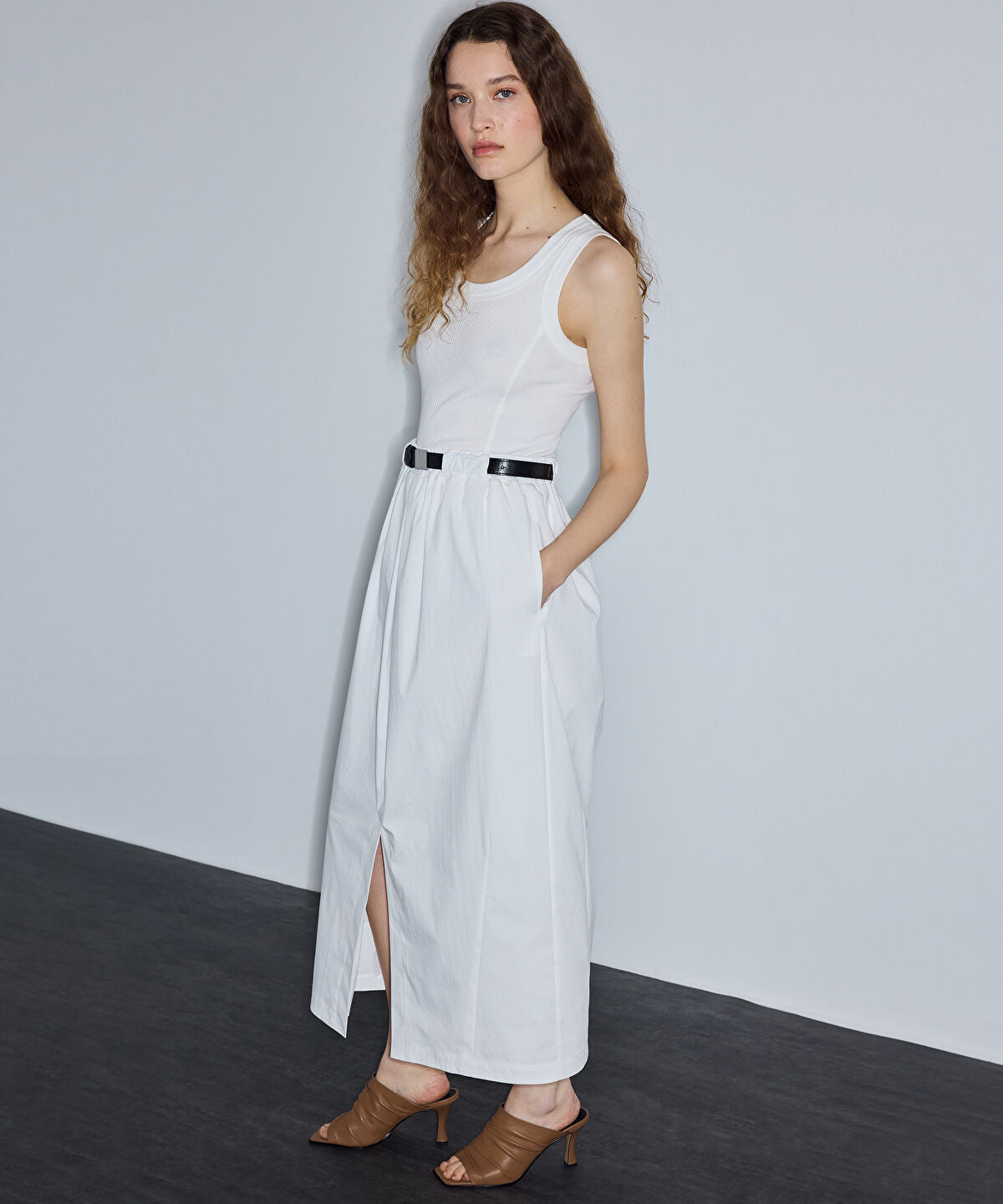 Zoomed Mixed-Media Belted Dress