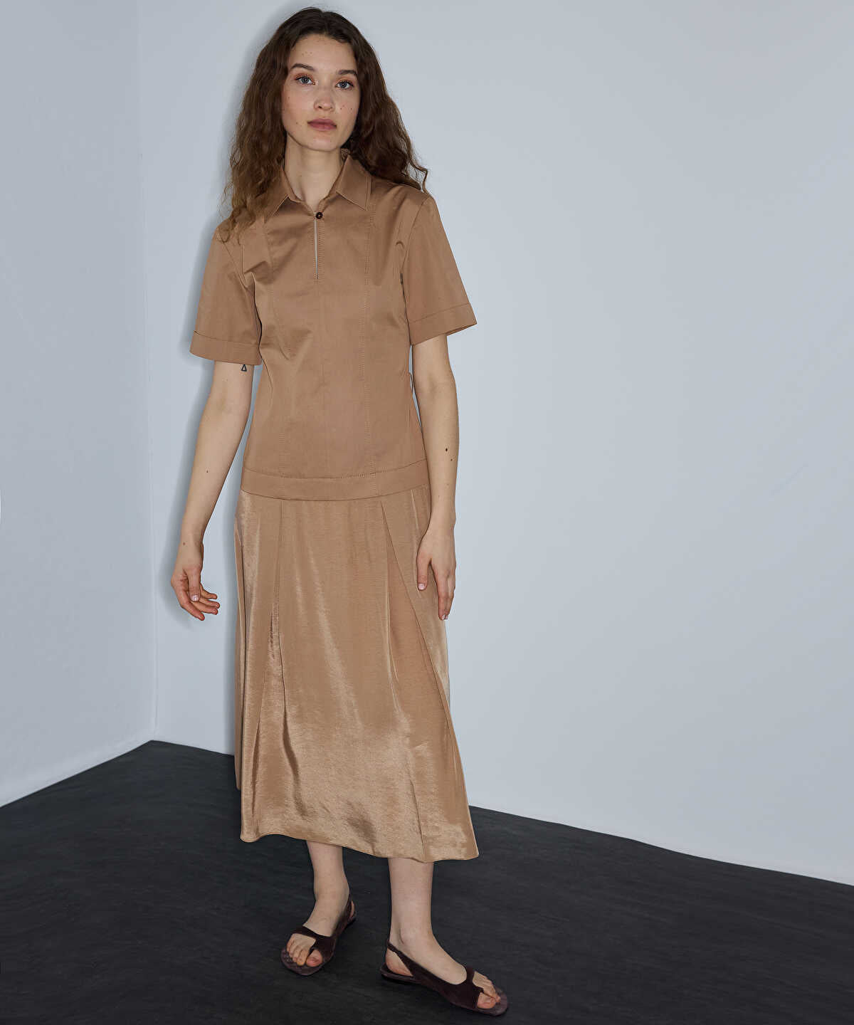Mixed-Media Layered Midi Dress