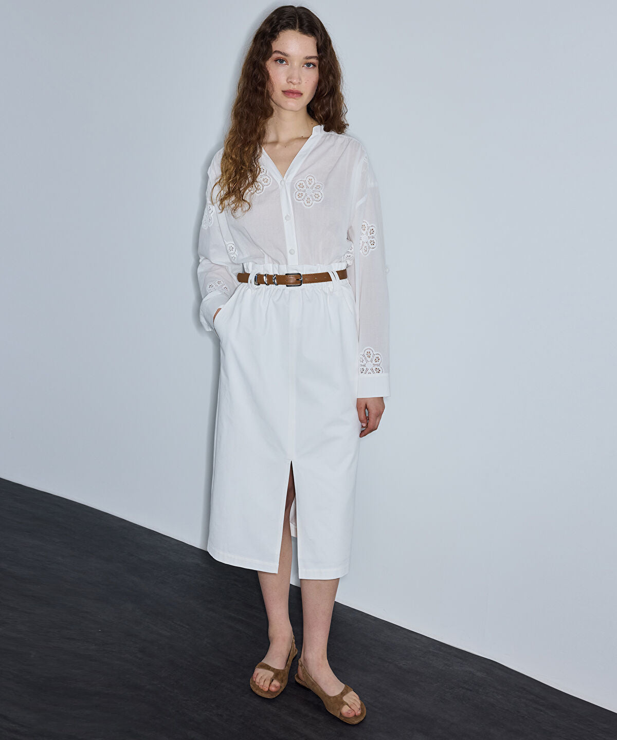 Zoomed Belted Mixed-Media Dress