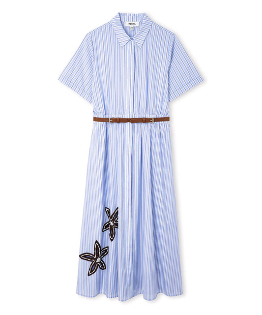 Contrast-Belted Embroidered Dress