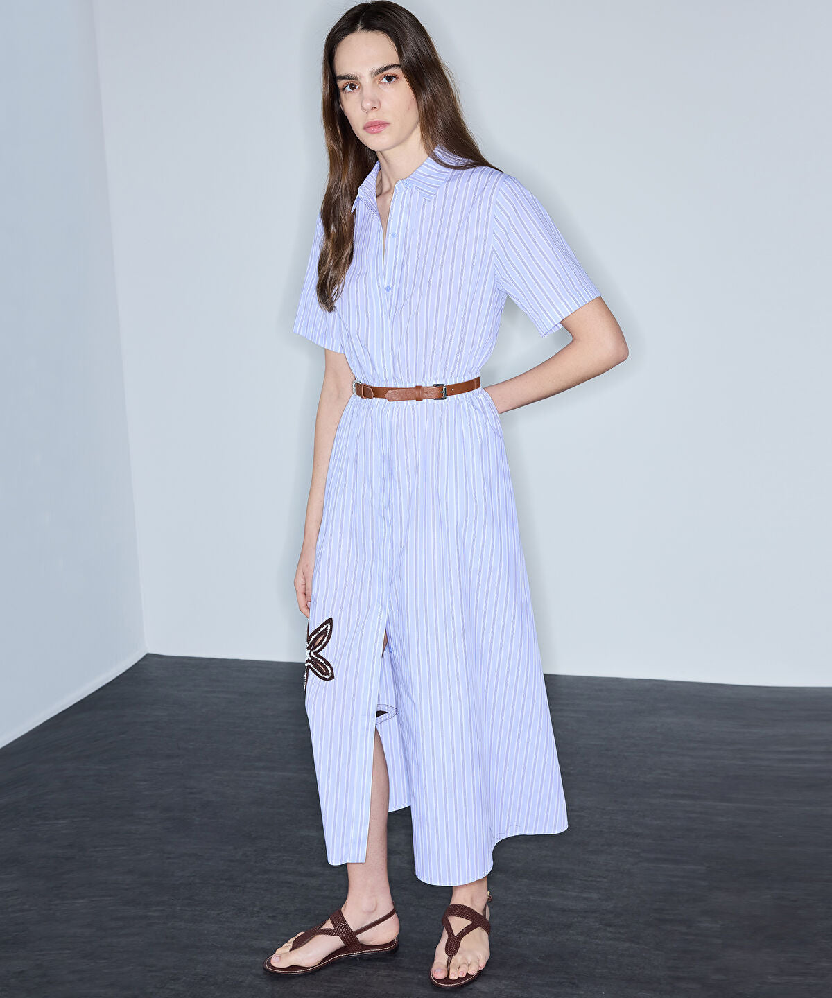 Contrast-Belted Embroidered Dress