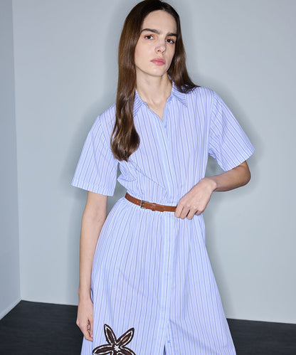 Contrast-Belted Embroidered Dress