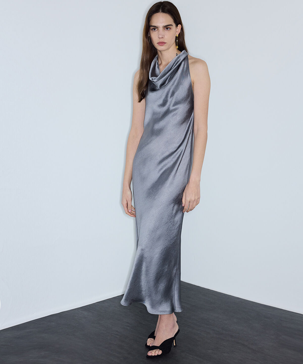 Zoomed Metallic-Finish Halter Dress