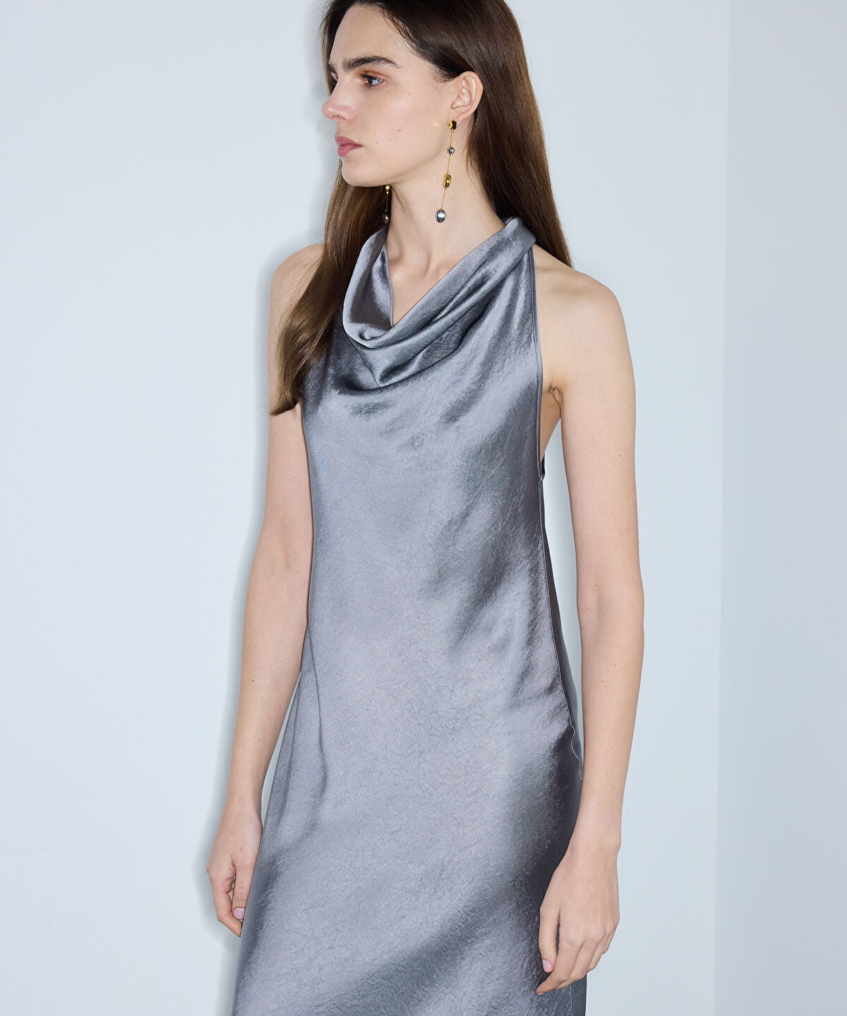 Zoomed Metallic-Finish Halter Dress