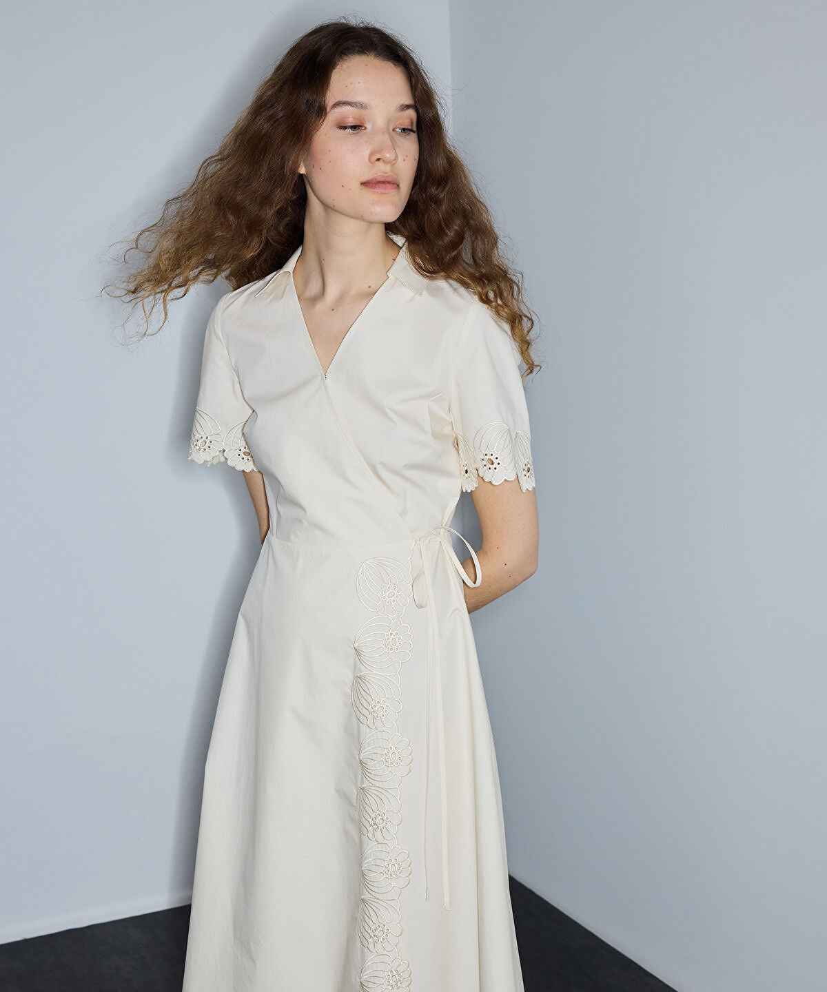 Embroidered Wrap Poplin Dress