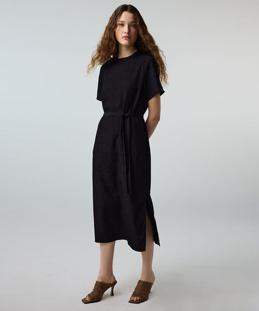 Belted Crinkle-Effect Dress