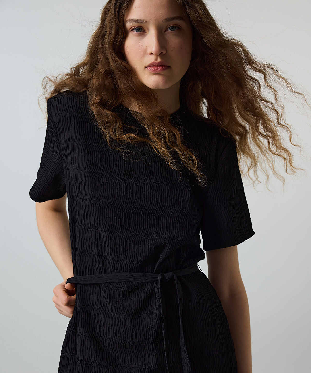 Belted Crinkle-Effect Dress