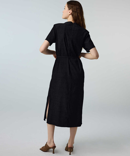 Belted Crinkle-Effect Dress