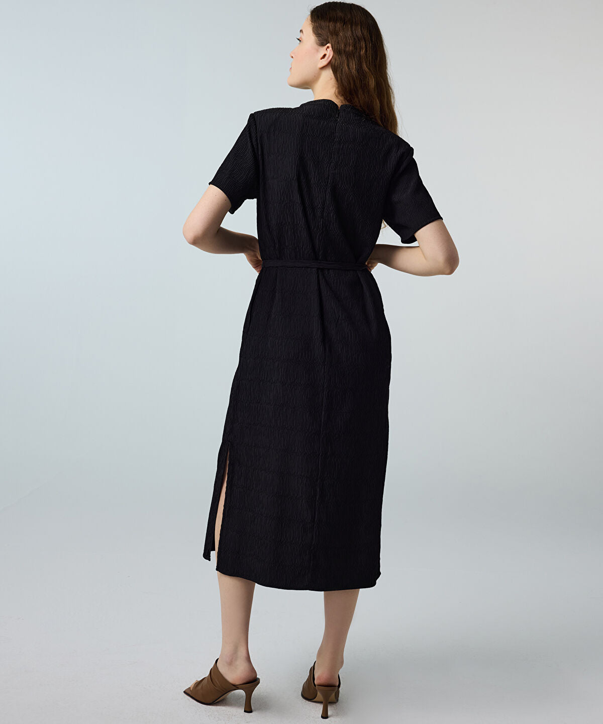 Belted Crinkle-Effect Dress