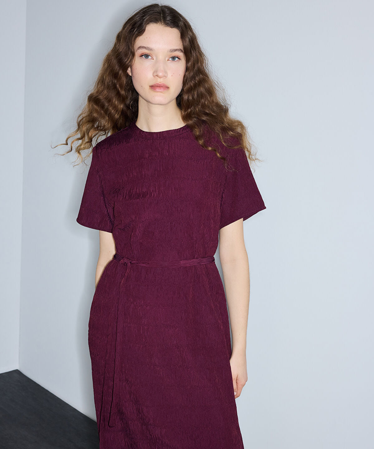 Belted Crinkle-Effect Dress