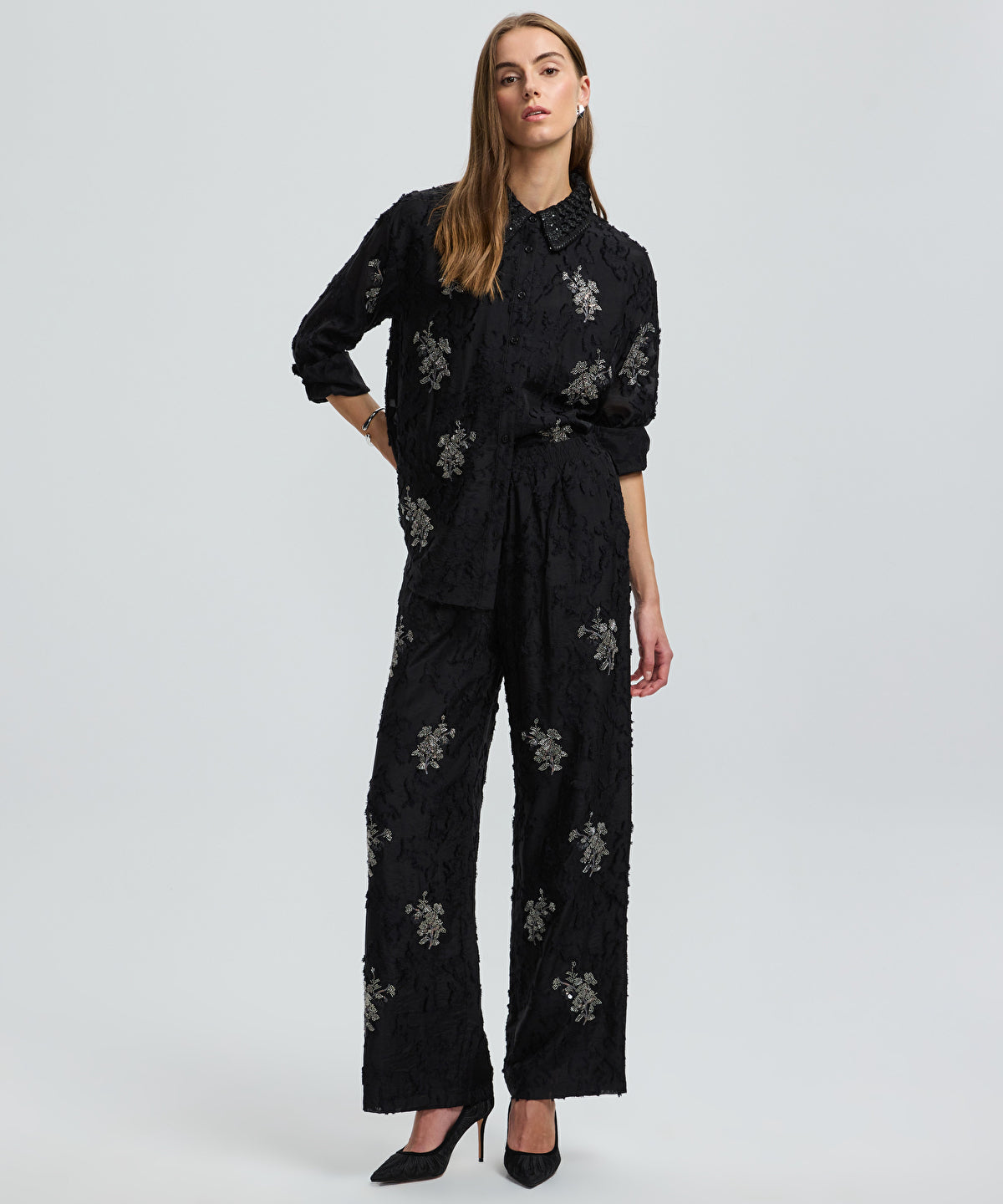 Zoomed Embellished Wide-Leg Trousers