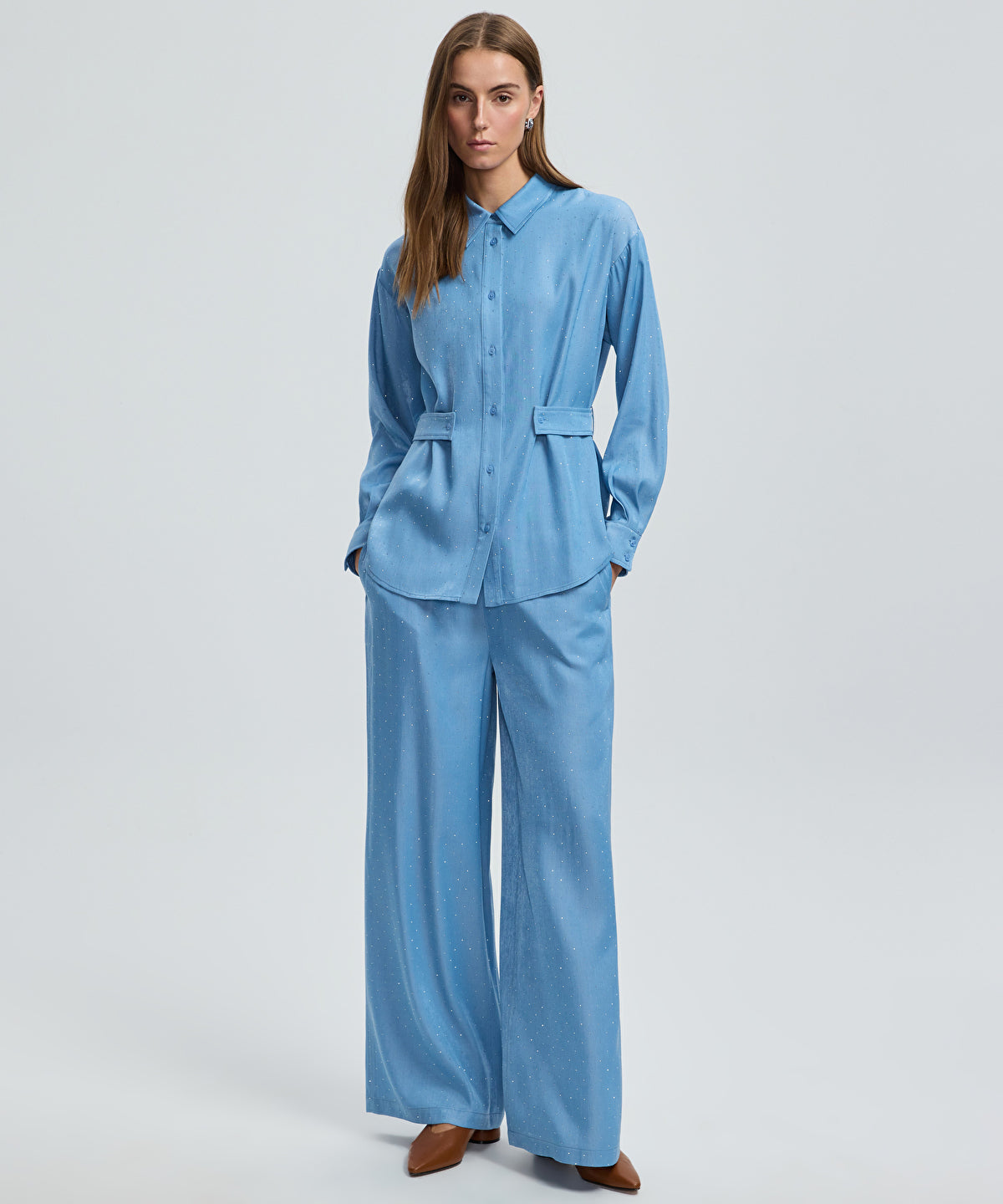 Zoomed Rhinestone Embellished Wide-Leg Trousers