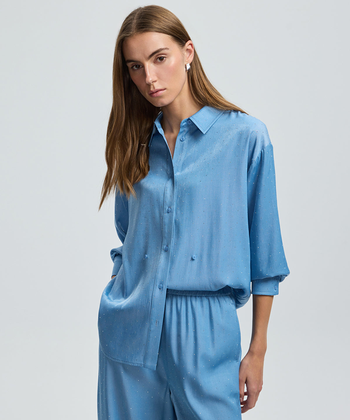 Zoomed Rhinestone Embellished Wide-Leg Trousers