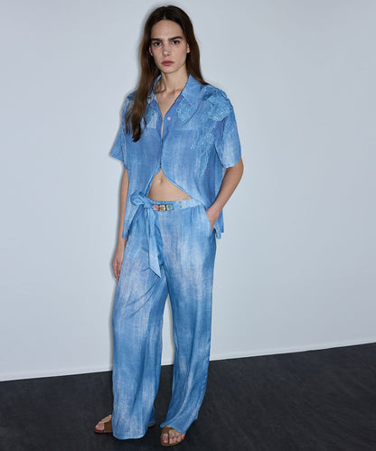 Denim-Print Viscose Trousers