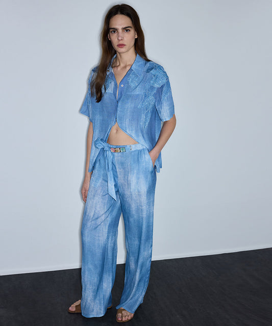 Denim-Print Viscose Trousers
