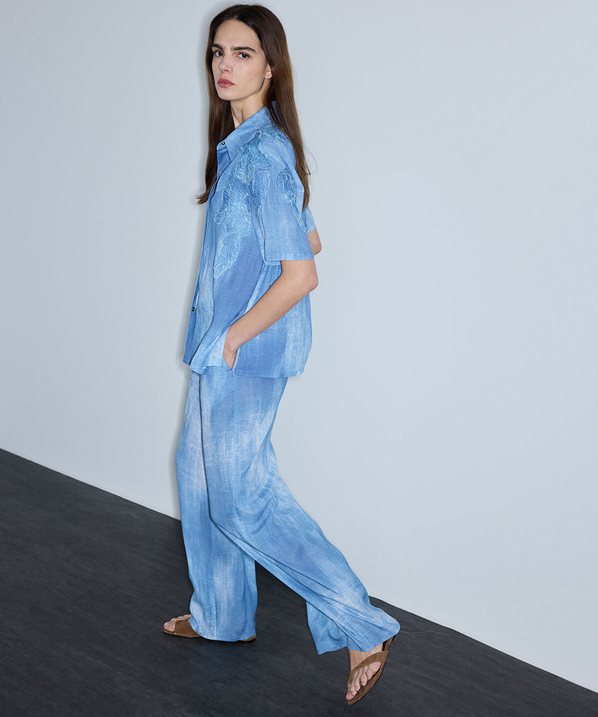 Zoomed Denim-Print Viscose Trousers