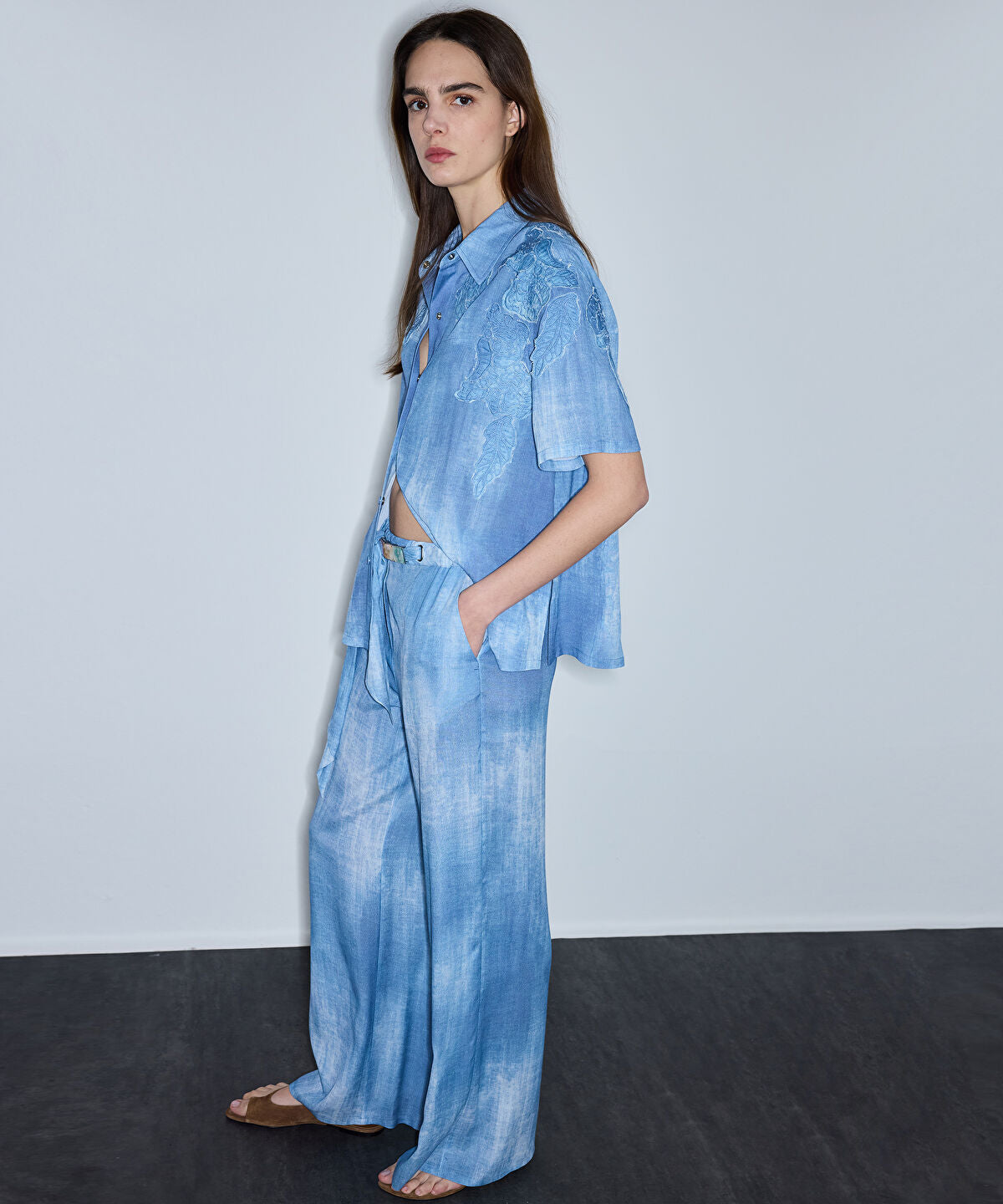 Zoomed Denim-Print Viscose Trousers
