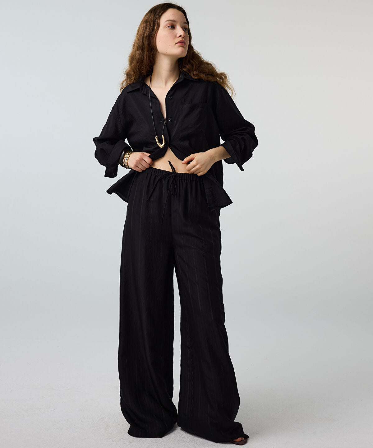 Zoomed Self-Stripe Wide-Leg Trousers
