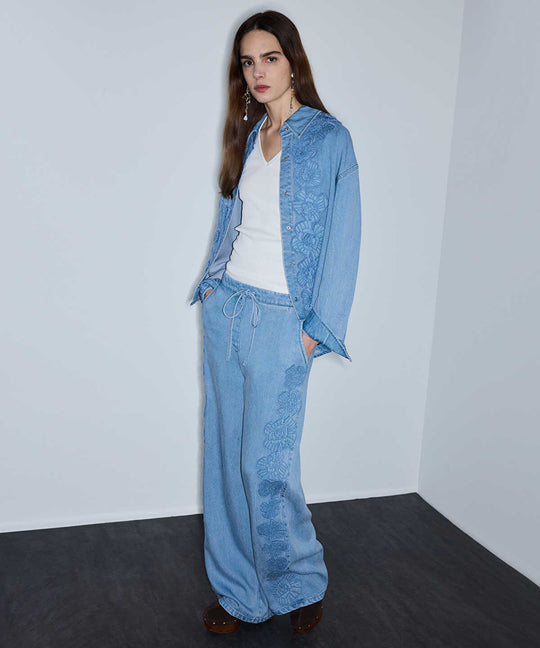 Floral Applique Wide-Leg Trousers