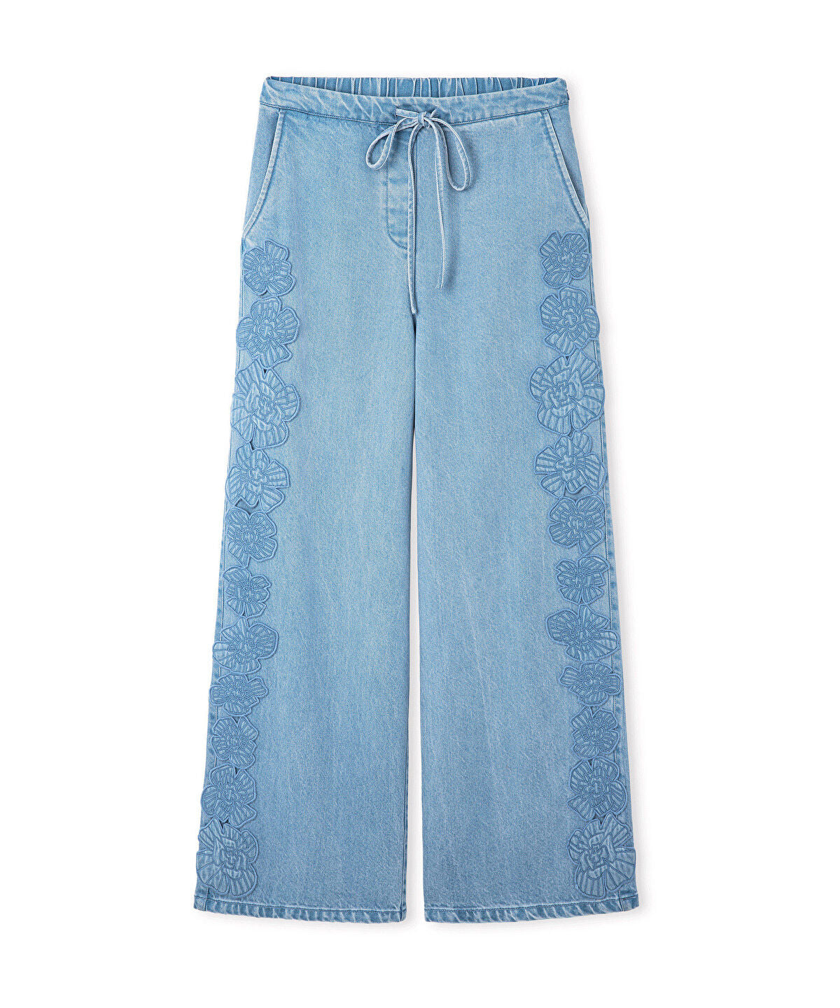Zoomed Floral Applique Wide-Leg Trousers