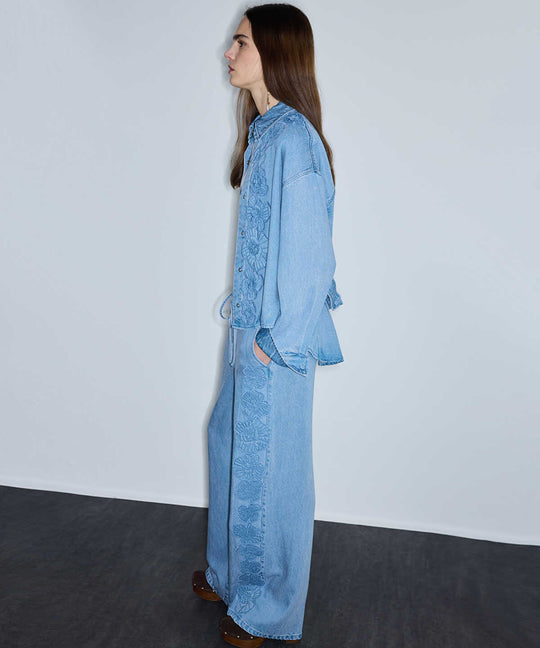 Floral Applique Wide-Leg Trousers