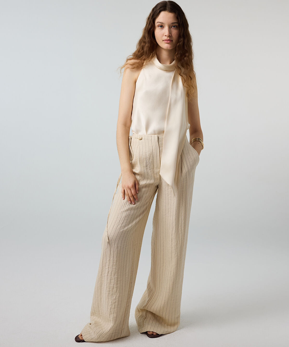 Beaded-Waist Striped Trousers