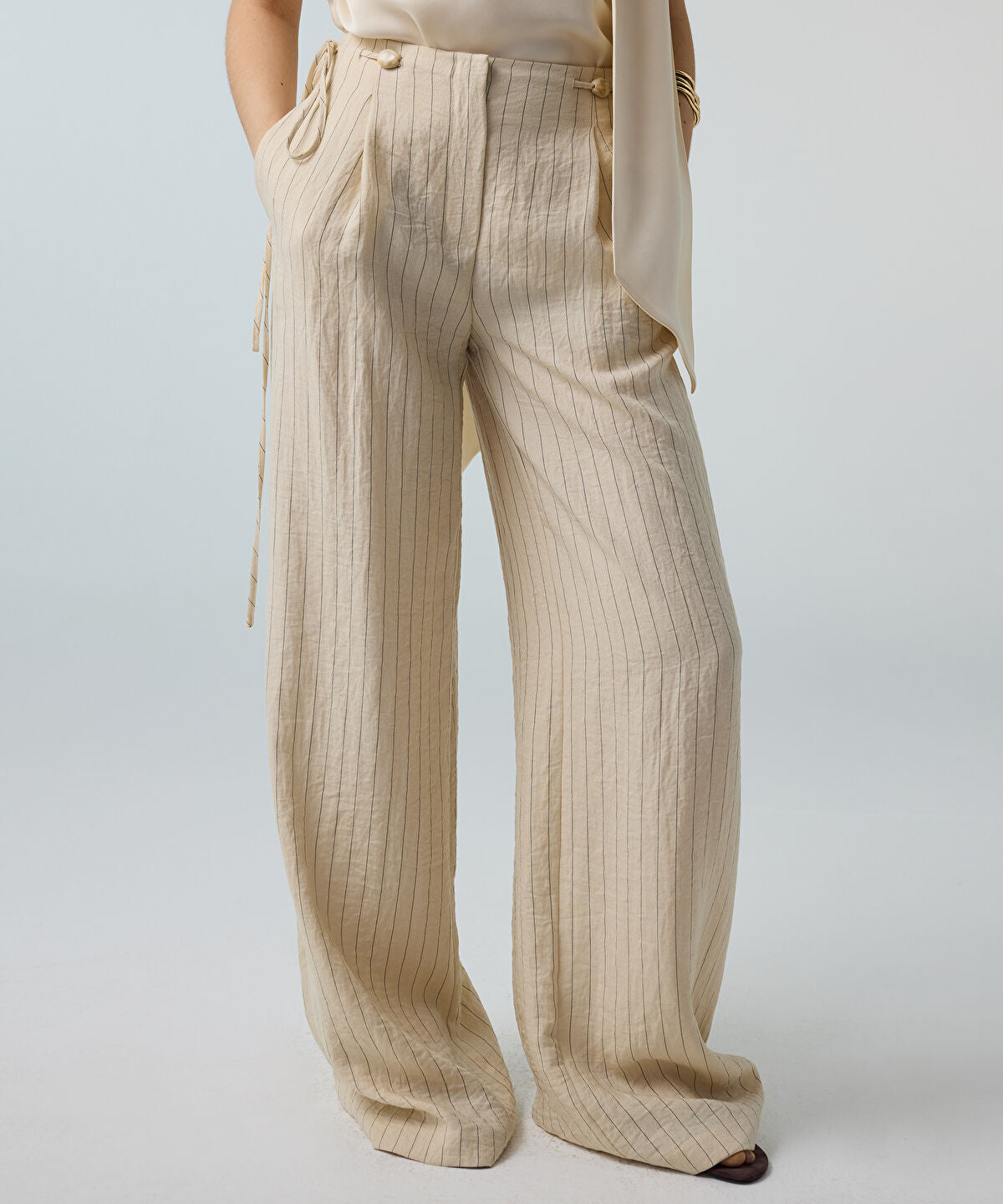 Zoomed Beaded-Waist Striped Trousers