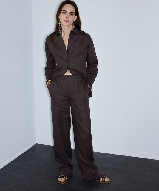 Belted Linen Wide-Leg Trousers