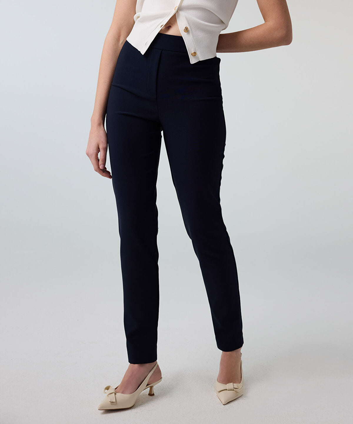 Lurex-Waisted Skinny Trousers
