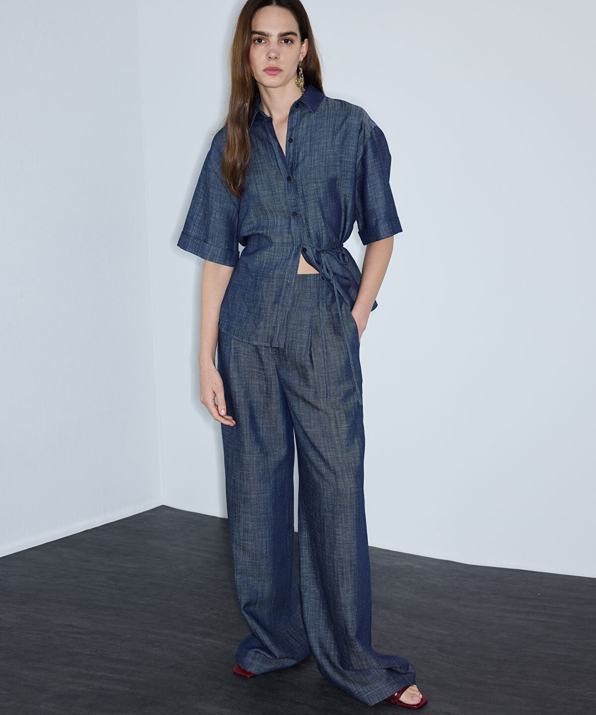Zoomed Denim-Effect Wide-Leg Trousers