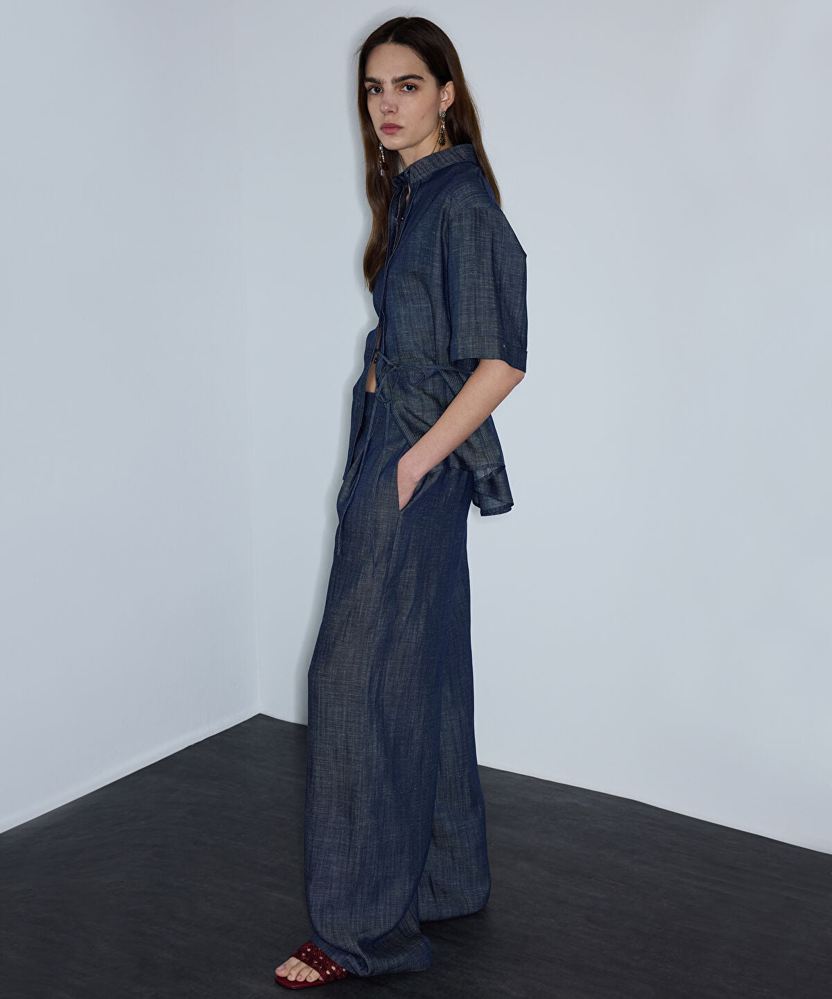 Zoomed Denim-Effect Wide-Leg Trousers