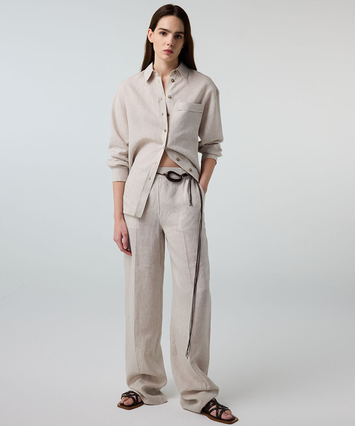 Zoomed Pressed-Crease Belted Linen Trousers