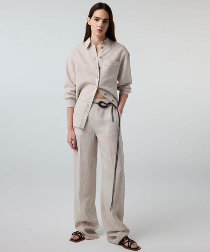 Pressed-Crease Belted Linen Trousers