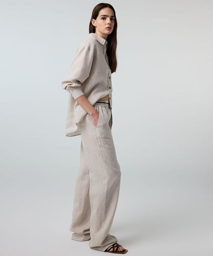 Pressed-Crease Belted Linen Trousers