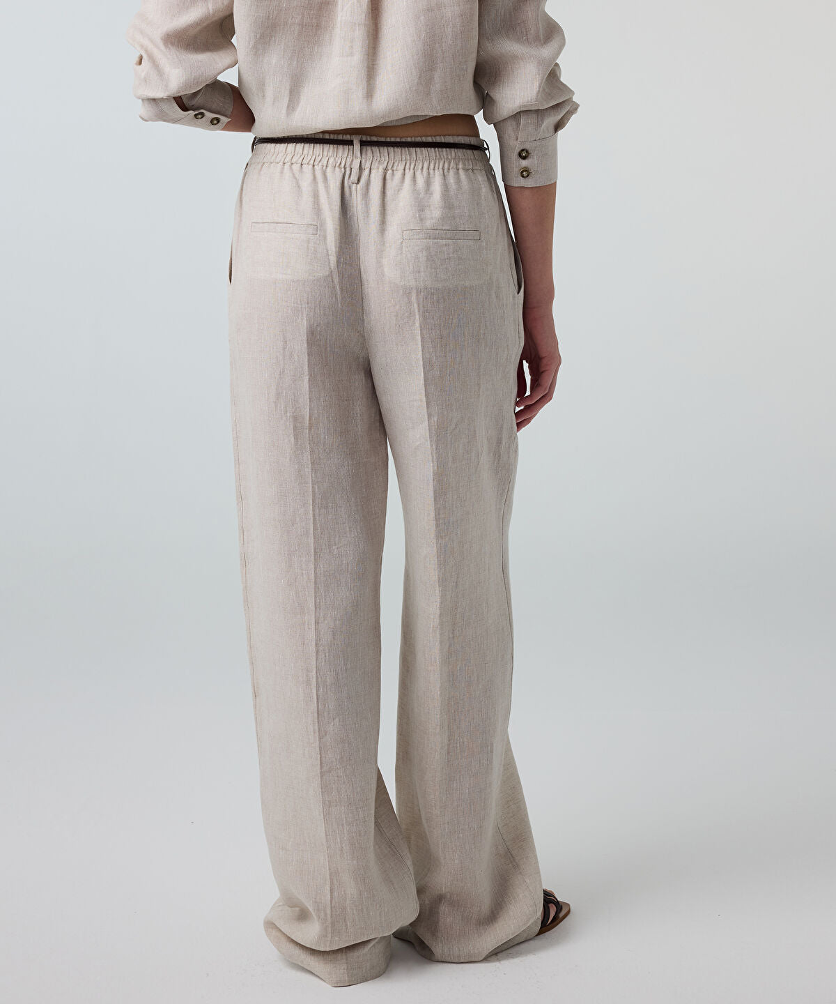 Zoomed Pressed-Crease Belted Linen Trousers