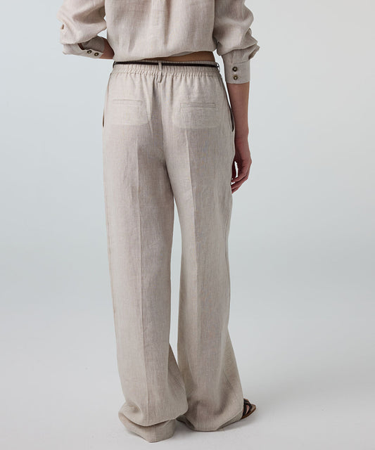 Pressed-Crease Belted Linen Trousers