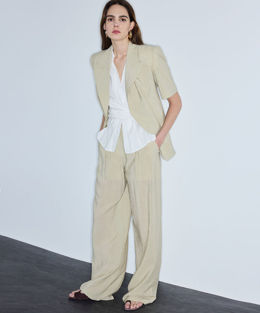 Belted Crinkle-Effect Trousers