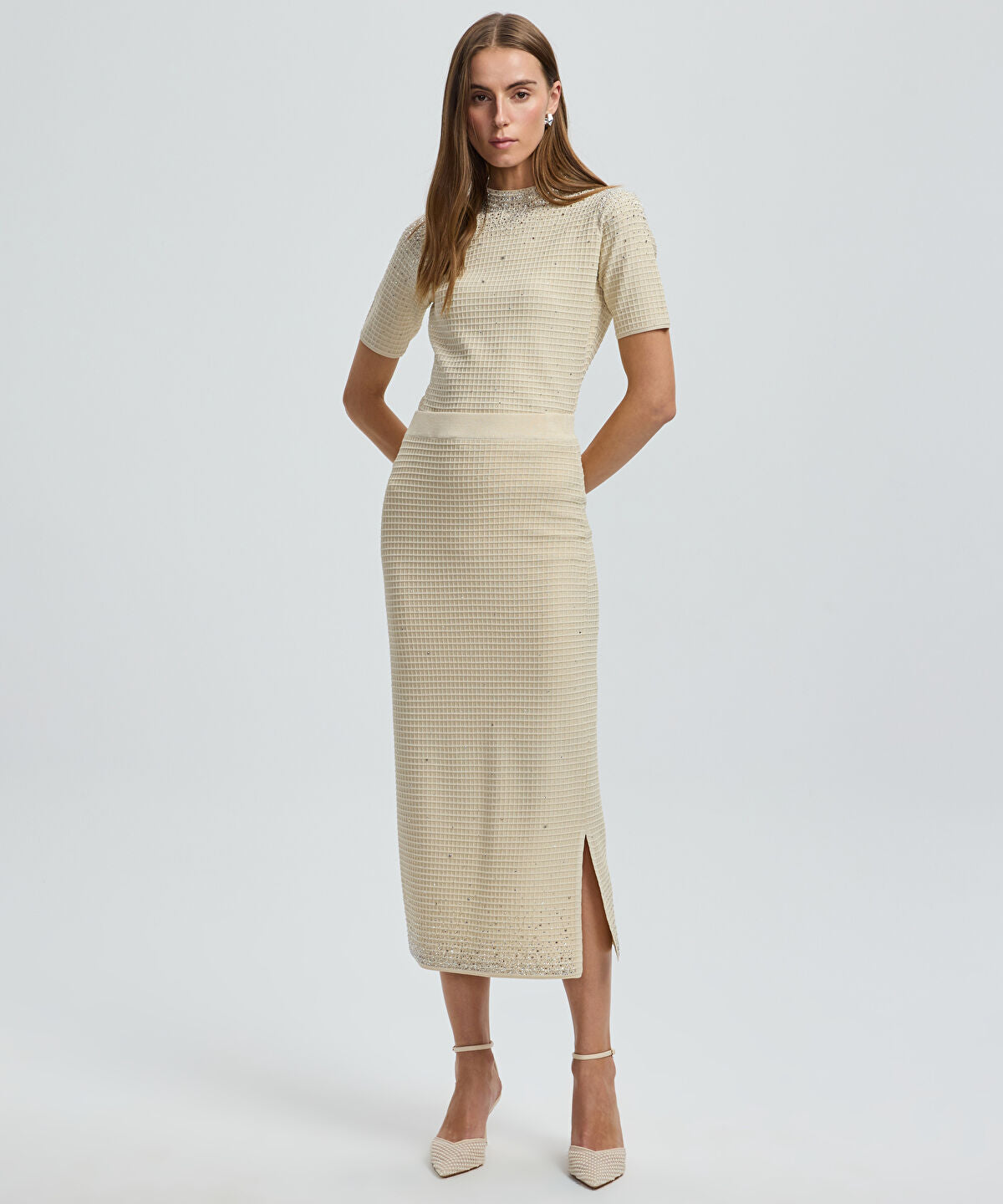 Zoomed Rhinestone Knit Skirt