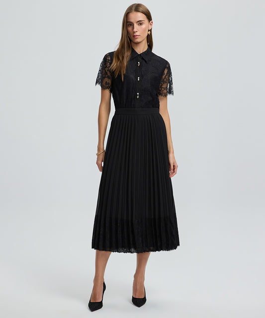 Pleated Lace Hem Midi Skirt