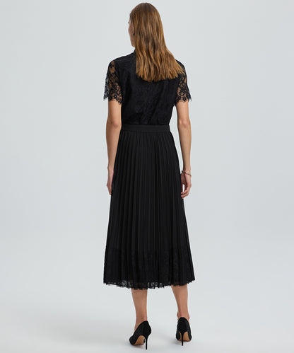 Pleated Lace Hem Midi Skirt