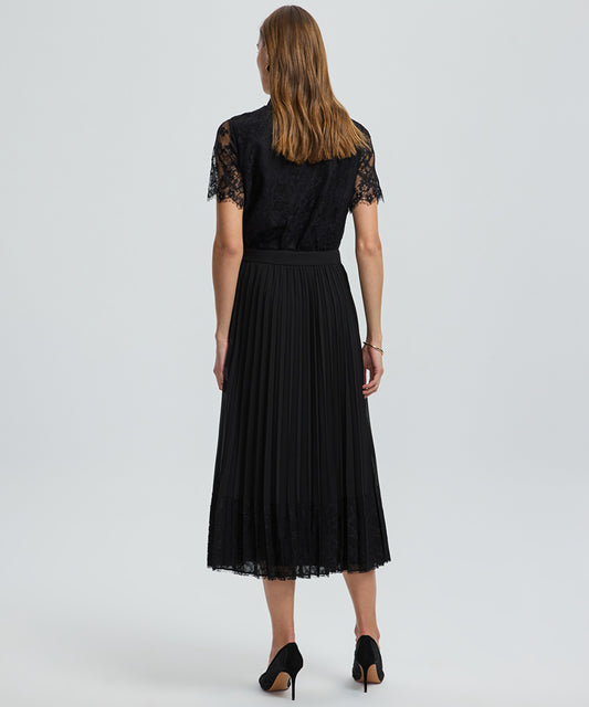 Pleated Lace Hem Midi Skirt